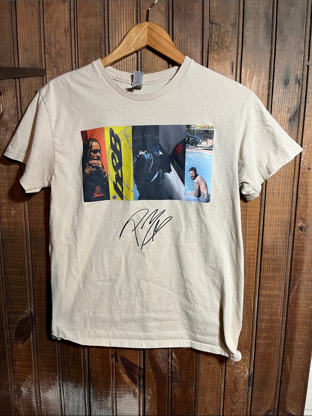 Post Malone Cream Graphic Photo-Panel Crewneck T-Shirt